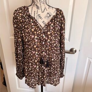 Spell Brown Floral Peasant Blouse with Pink & Cream Flowers M EC FINAL PRICE